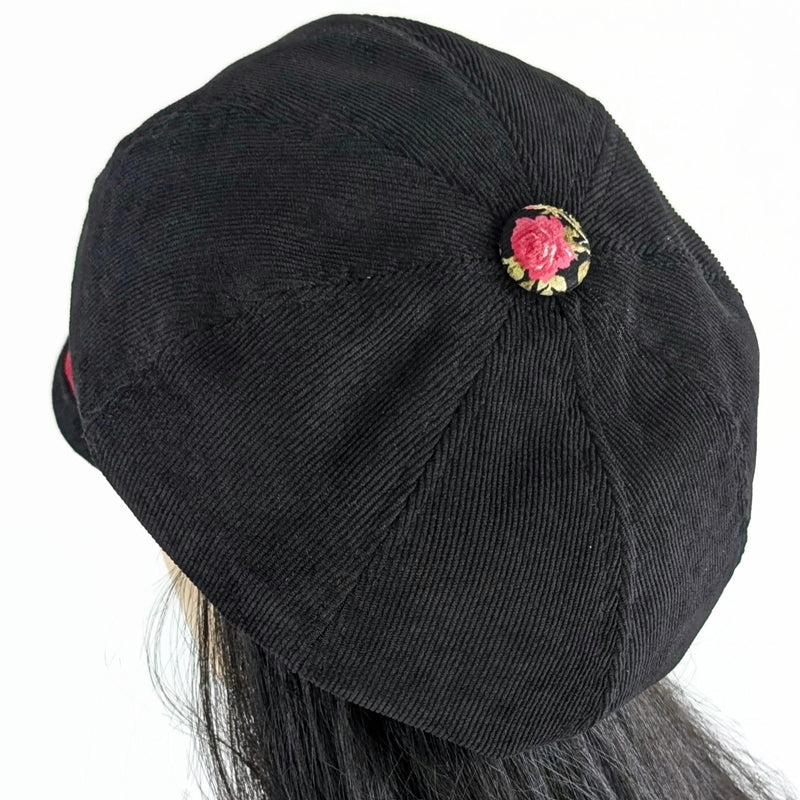 Baggy Poorboy Fashion Cap in  cord, red and black roses, with wide flattering visor, one size fit
