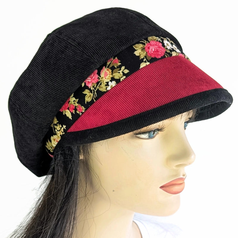 Baggy Poorboy Fashion Cap in  cord, red and black roses, with wide flattering visor, one size fit