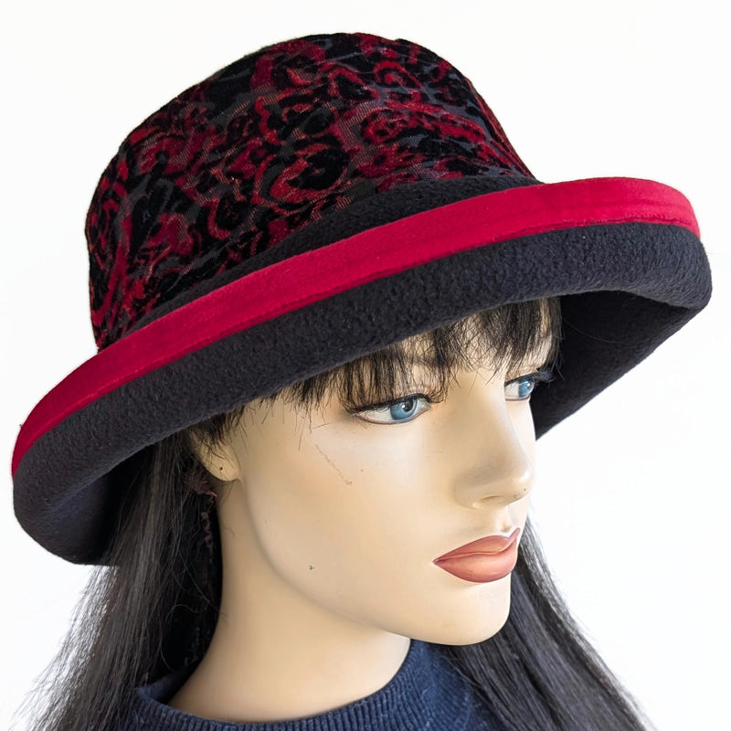 Premium Winter Fashion Hat with Earflaps, with black and red plush velvet band, red velvet edge trim and wide brim, size large