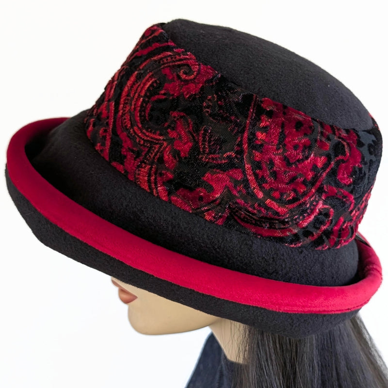 Premium Winter Fashion Hat with Earflaps, with black and red plush velvet band, red velvet edge trim and wide brim, size large