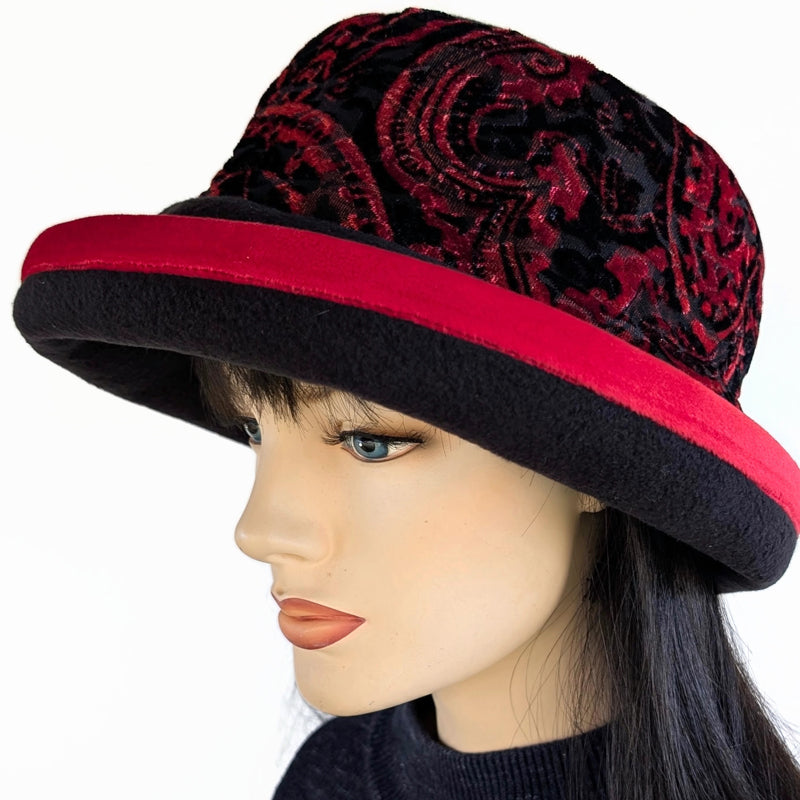 Premium Winter Fashion Hat with Earflaps, with black and red plush velvet band, red velvet edge trim and wide brim, size large
