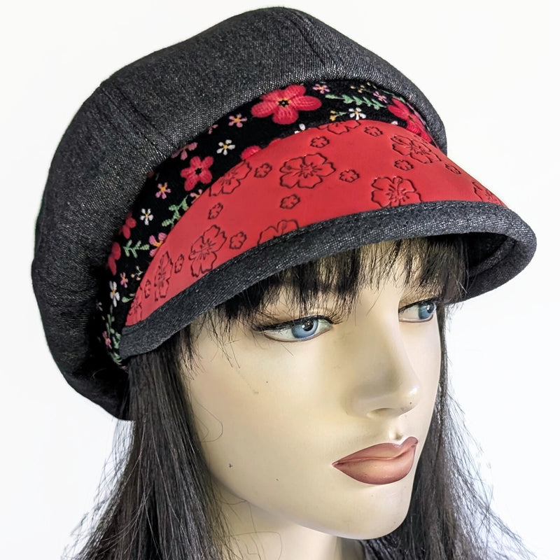 Baggy Poorboy Fashion Cap in black denim, embossed vinyl visor, cord red floral trim