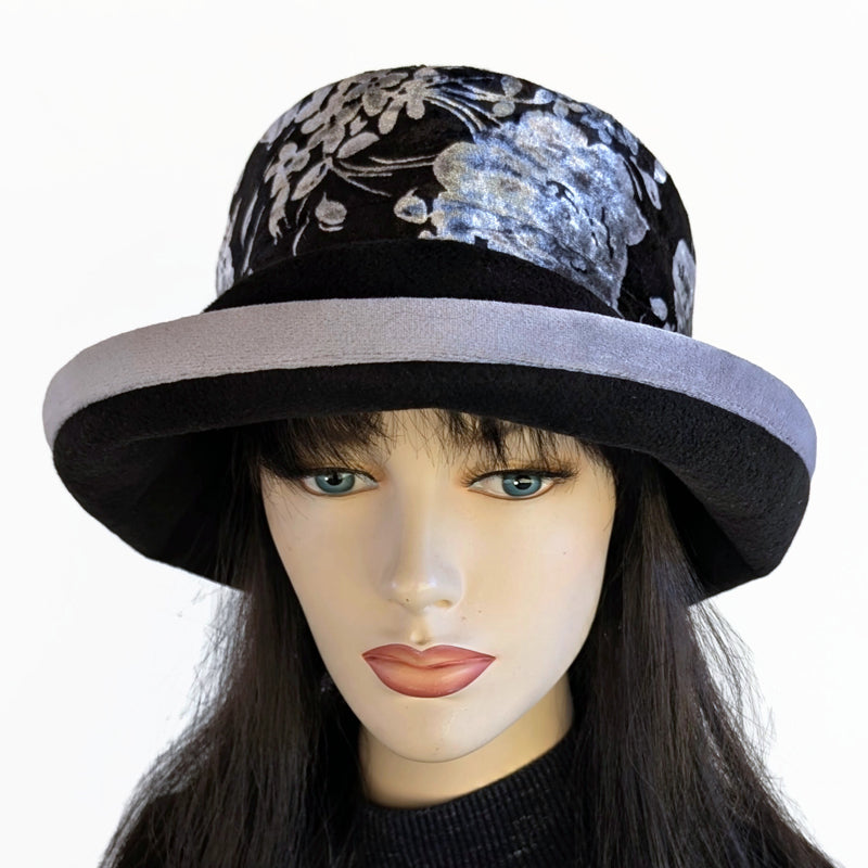 Premium Winter Fashion Hat in black with gorgeous silver and black floral velvet band, silver velvet trim and wide brim