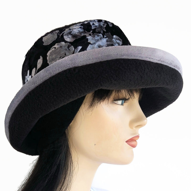 Premium Winter Fashion Hat with Earflaps, with black and silver velvet  band, silver velvet edge trim and wide brim