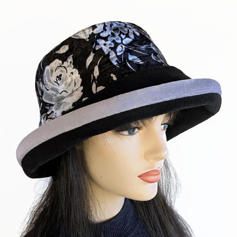 Premium Winter Fashion Hat in black with gorgeous silver and black floral velvet band, silver velvet trim and wide brim