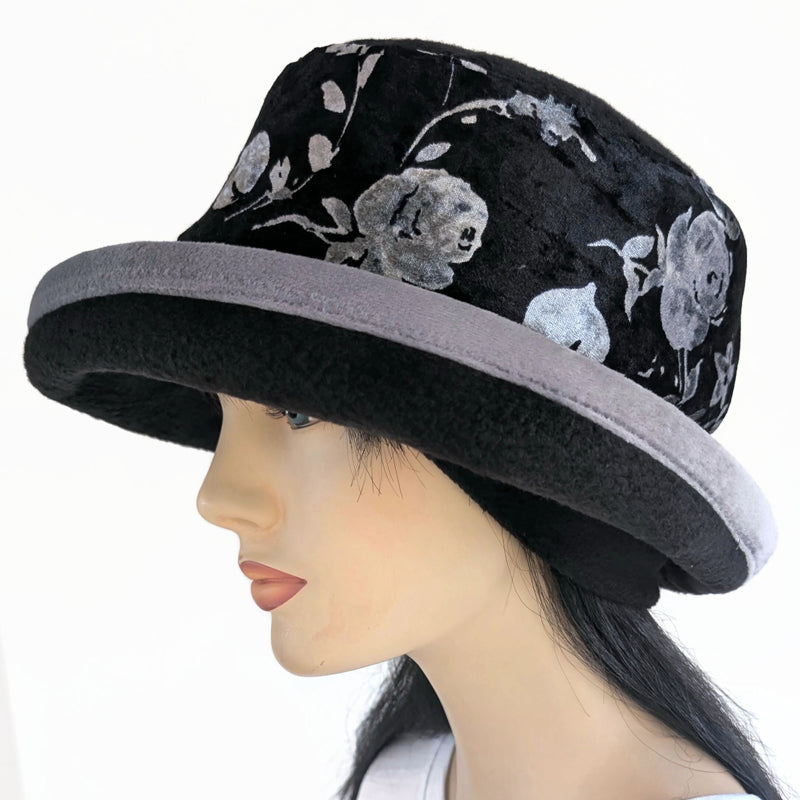 Premium Winter Fashion Hat with Earflaps, with black and silver velvet  band, silver velvet edge trim and wide brim