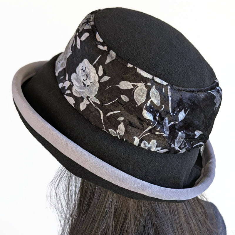 Premium Winter Fashion Hat in black with gorgeous silver and black floral velvet band, silver velvet trim and wide brim