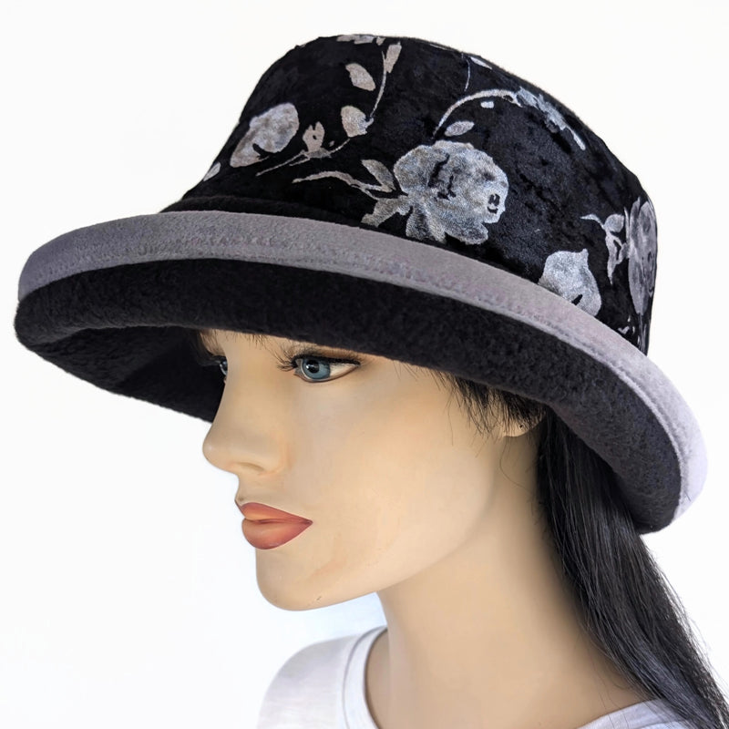 Premium Winter Fashion Hat with Earflaps, with black and silver velvet  band, silver velvet edge trim and wide brim