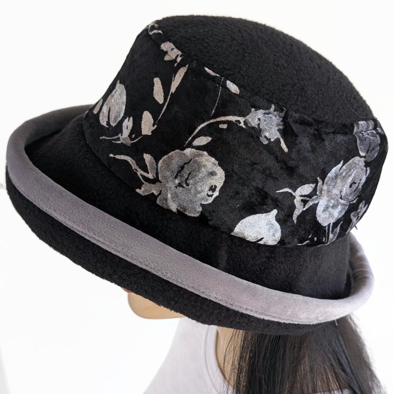 Premium Winter Fashion Hat with Earflaps, with black and silver velvet  band, silver velvet edge trim and wide brim