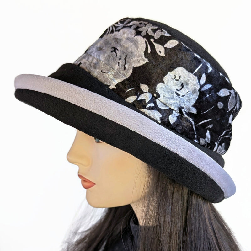 Premium Winter Fashion Hat in black with gorgeous silver and black floral velvet band, silver velvet trim and wide brim