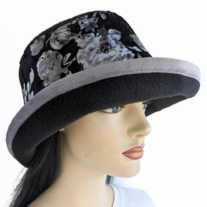 Premium Winter Fashion Hat with Earflaps, with black and silver velvet  band, silver velvet edge trim and wide brim
