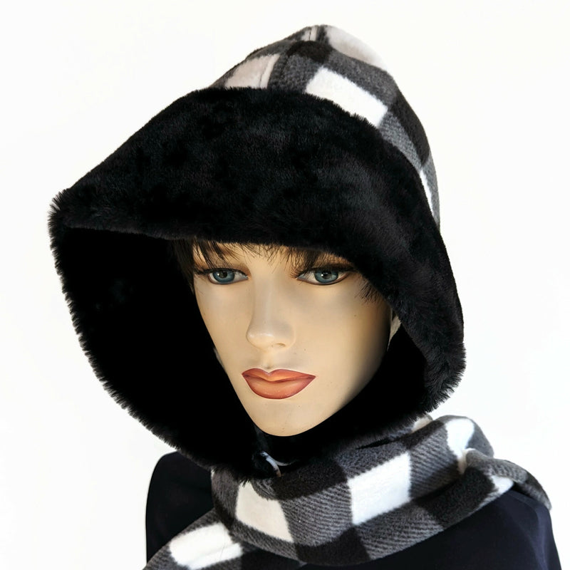 Fleece Hoodie Scarf, with plush faux fur trim, button closure and wrap around ends, black and white check