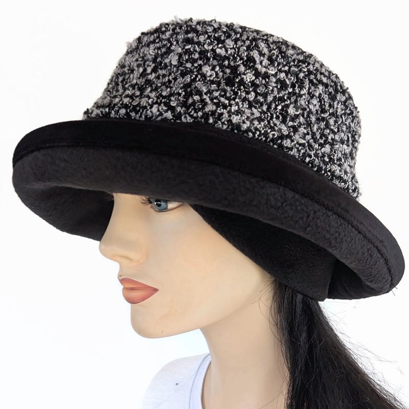 Premium Winter Fashion Hat with Earflaps, with black white and gray boucle band, black velvet edge trim and wide brim