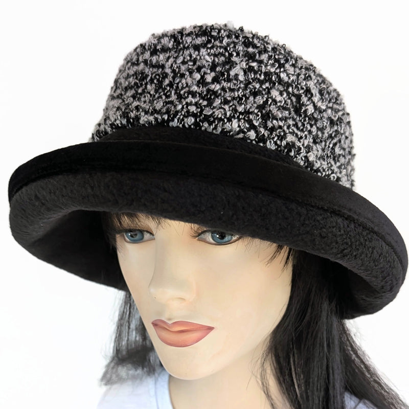 Premium Winter Fashion Hat with Earflaps, with black white and gray boucle band, black velvet edge trim and wide brim