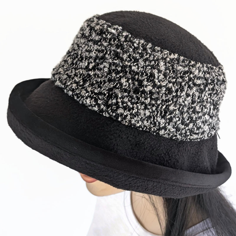 Premium Winter Fashion Hat with Earflaps, with black white and gray boucle band, black velvet edge trim and wide brim