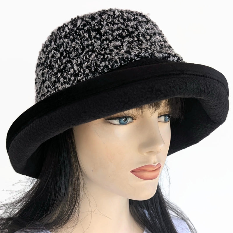 Premium Winter Fashion Hat with Earflaps, with black white and gray boucle band, black velvet edge trim and wide brim