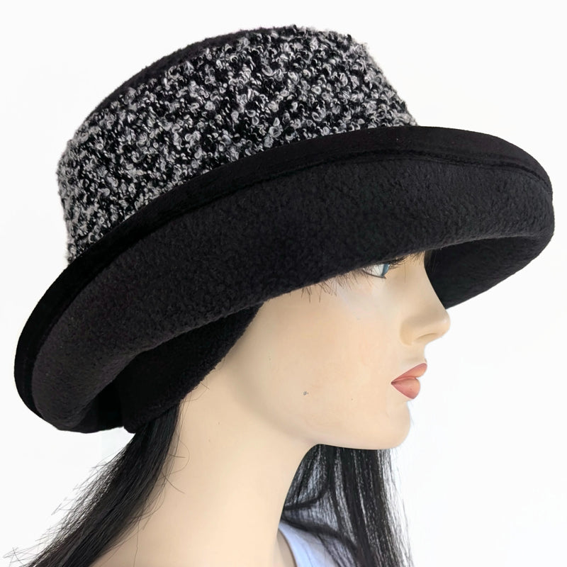 Premium Winter Fashion Hat with Earflaps, with black white and gray boucle band, black velvet edge trim and wide brim