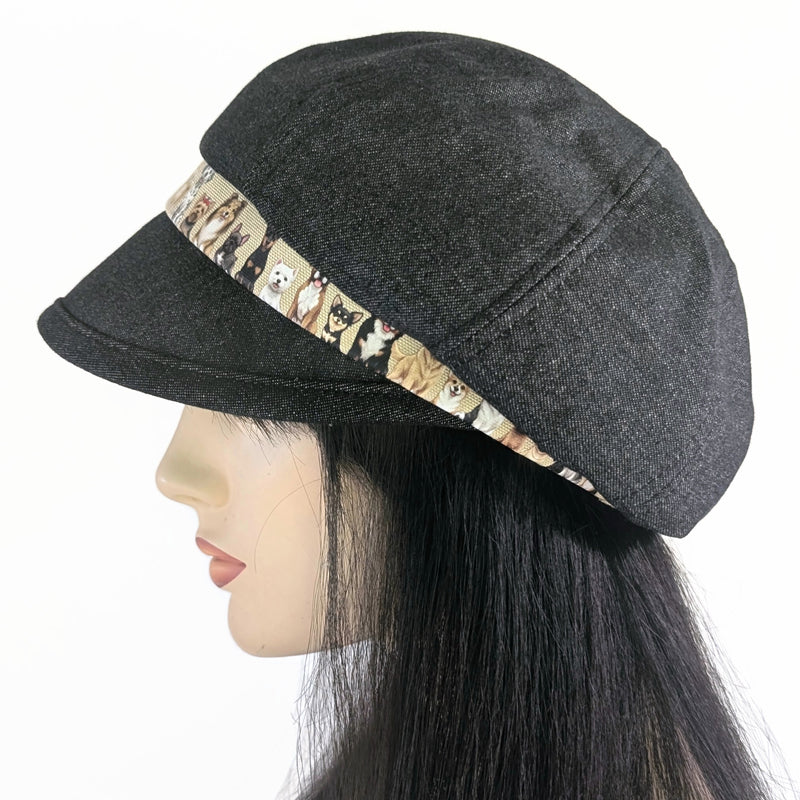 Poorboy Fashion Cap in black denim, lots of doggies, flattering visor, baggy fit