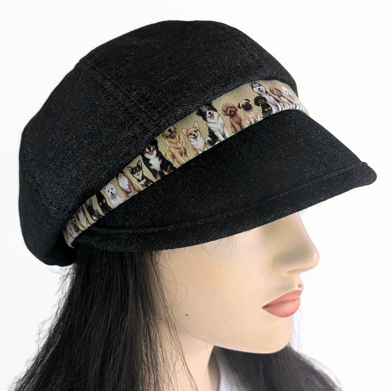 Poorboy Fashion Cap in black denim, lots of doggies, flattering visor, baggy fit