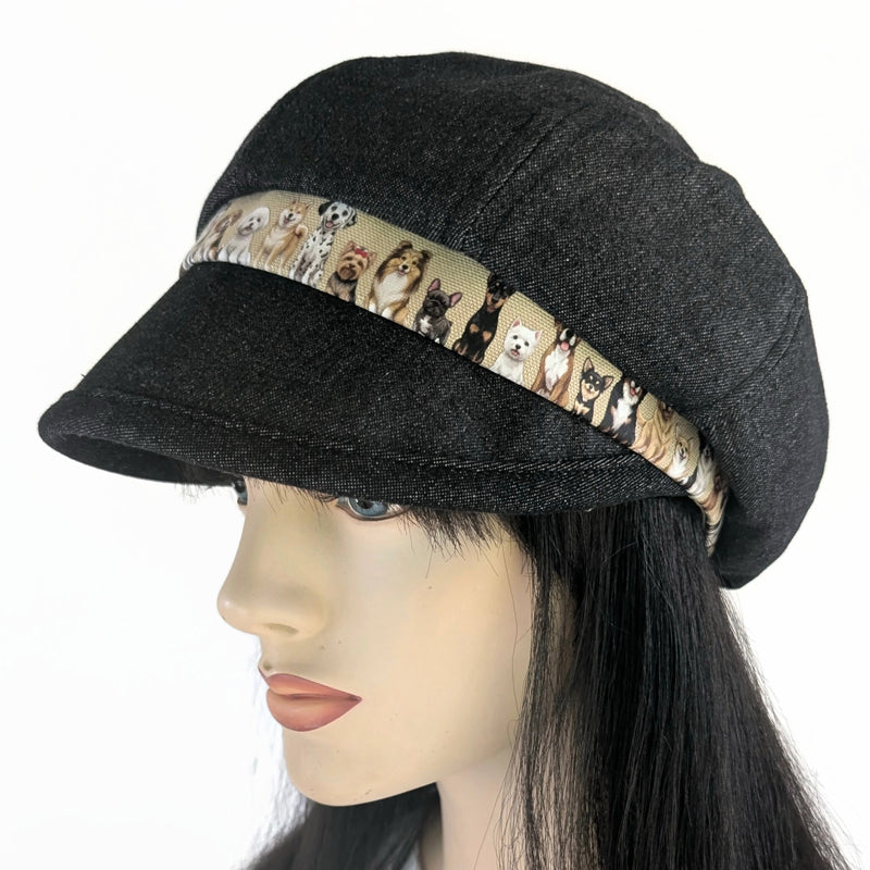 Poorboy Fashion Cap in black denim, lots of doggies, flattering visor, baggy fit