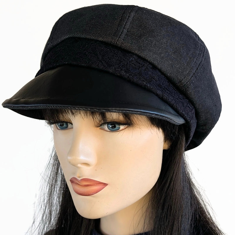 Washed Denim Poorboy Fashion Cap, relaxed fit, black denim with black lace trim and faux leather visor