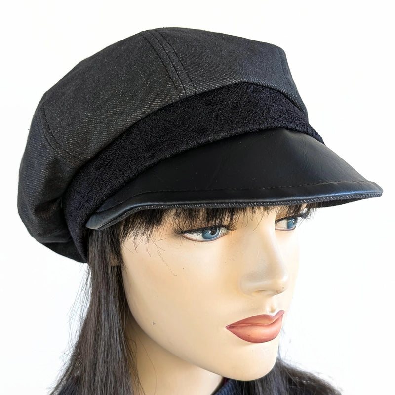 Washed Denim Poorboy Fashion Cap, relaxed fit, black denim with black lace trim and faux leather visor