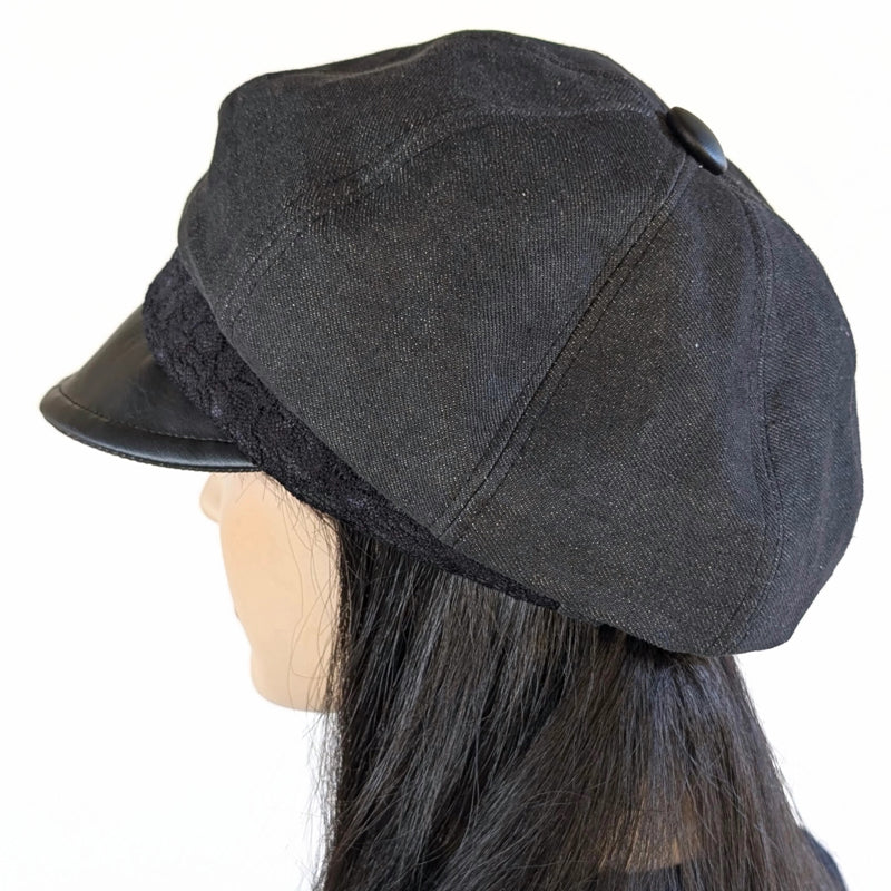 Washed Denim Poorboy Fashion Cap, relaxed fit, black denim with black lace trim and faux leather visor