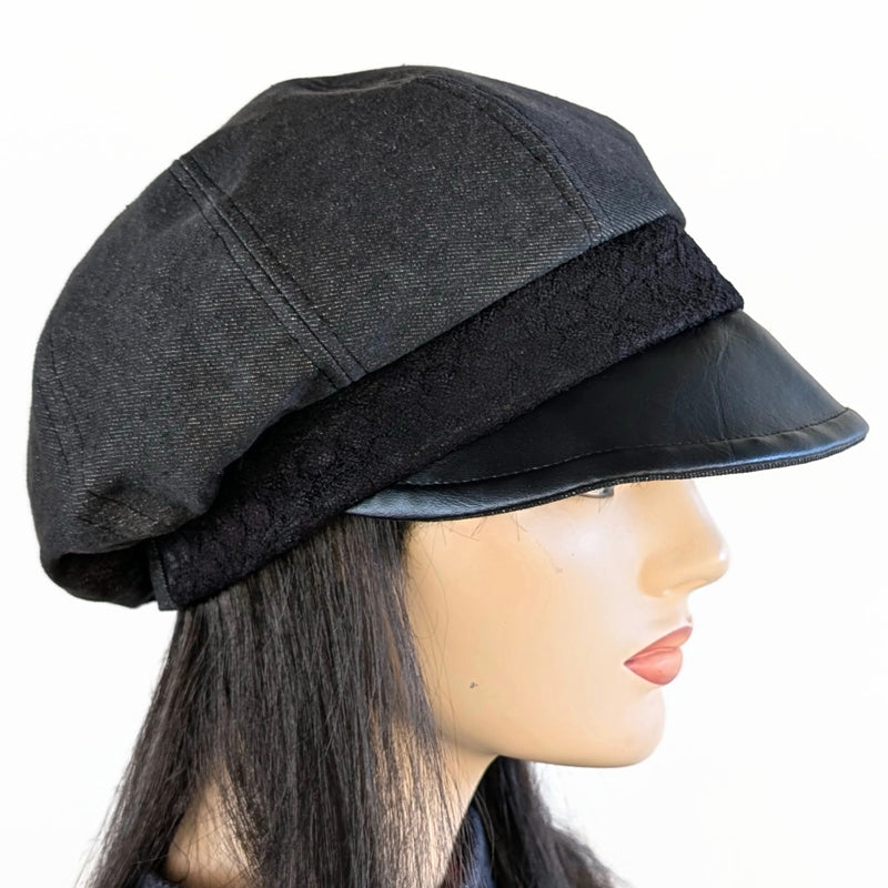 Washed Denim Poorboy Fashion Cap, relaxed fit, black denim with black lace trim and faux leather visor
