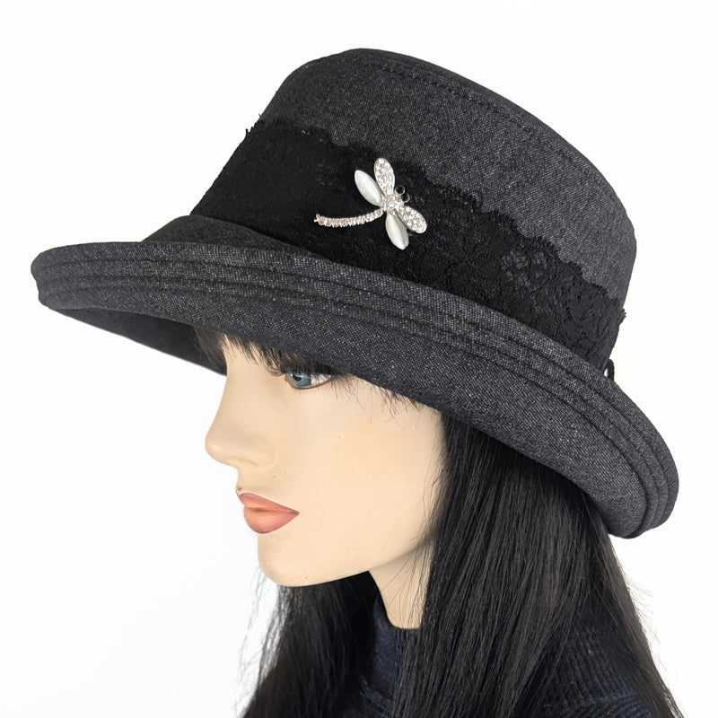 Sunblocker UV summer hat sun hat with wide brim, black denim with lace and pin trim, adjustable fit