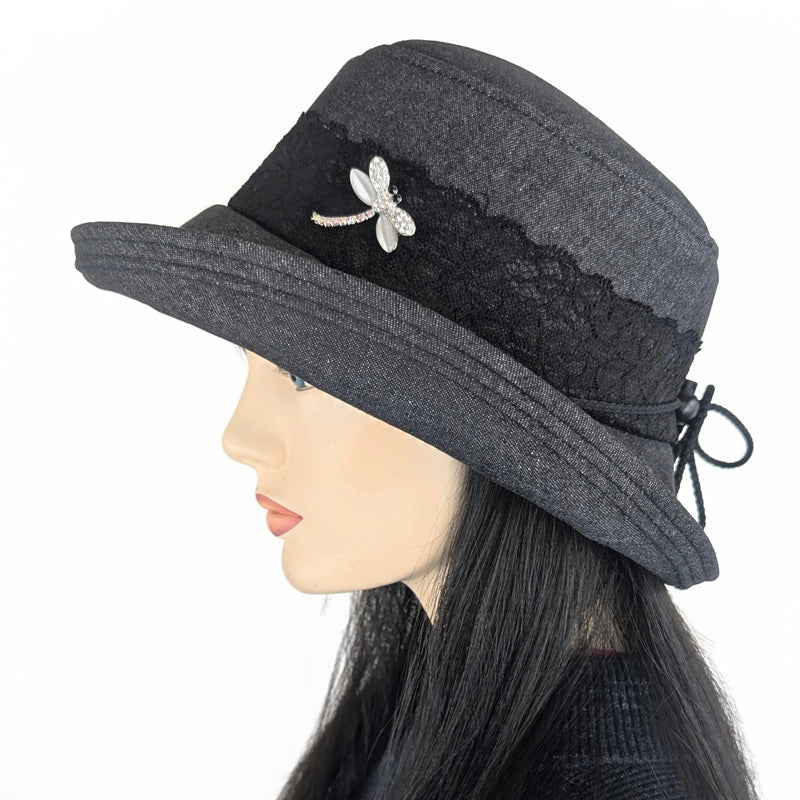 Sunblocker UV summer hat sun hat with wide brim, black denim with lace and pin trim, adjustable fit