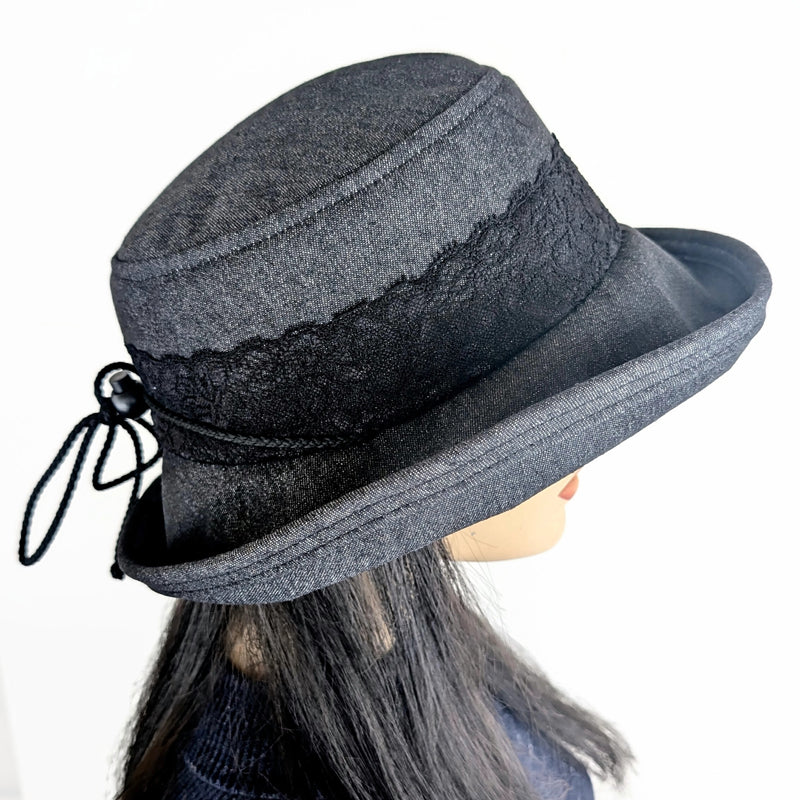 Sunblocker UV summer hat sun hat with wide brim, black denim with lace and pin trim, adjustable fit