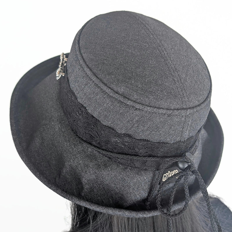 Sunblocker UV summer hat sun hat with wide brim, black denim with lace and pin trim, adjustable fit