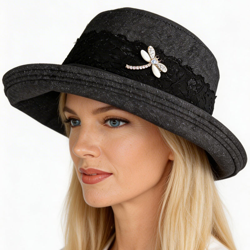Sunblocker UV summer hat sun hat with wide brim, black denim with lace and pin trim, adjustable fit