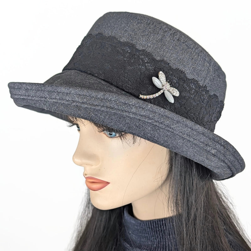The Perfect Sun Hat, black washed denim with black lace and sparkly pin trim, with flattering brim