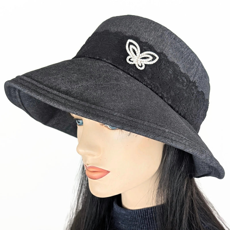 The Perfect Sun Hat, black washed denim with black lace and sparkly pin trim, with flattering brim