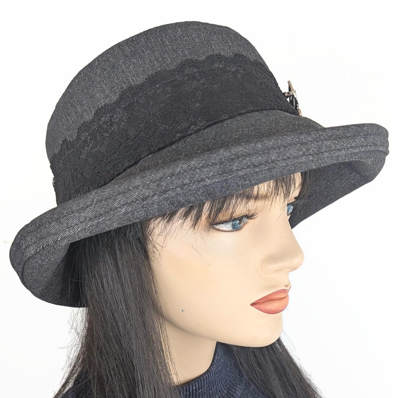 The Perfect Sun Hat, black washed denim with black lace and sparkly pin trim, with flattering brim