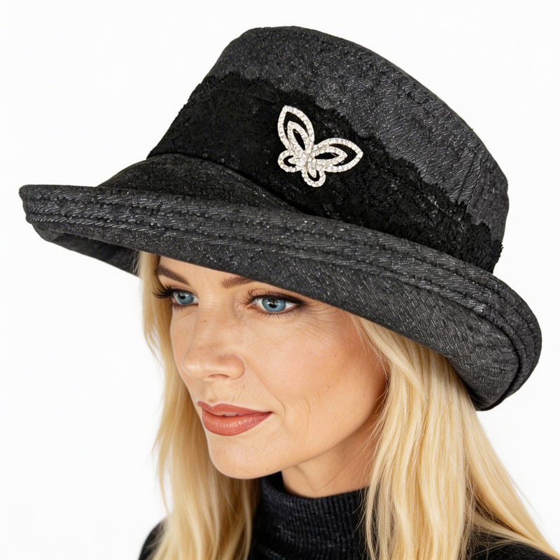 The Perfect Sun Hat, black washed denim with black lace and sparkly pin trim, with flattering brim