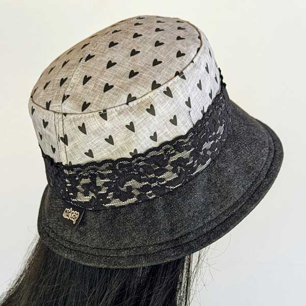 Summer Bucket Hat with lace trim, black hearts on grey and white, fully lined