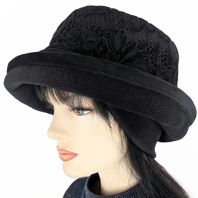 Premium Winter Fashion Hat with Earflaps, with black lacey velvet band, black velvet edge trim and wide brim