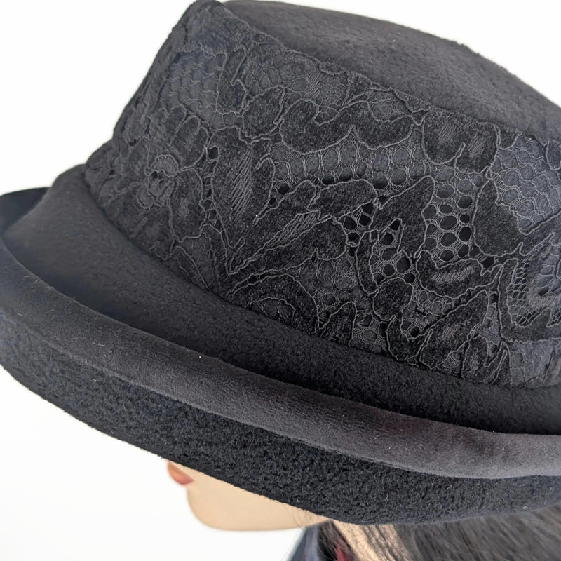 Premium Winter Fashion Hat with Earflaps, with black lacey velvet band, black velvet edge trim and wide brim