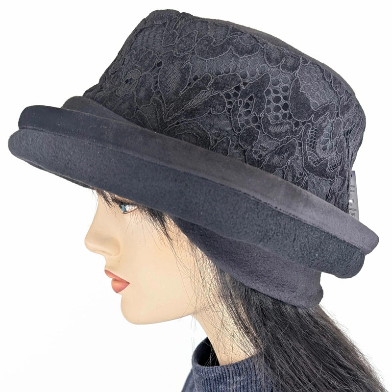 Premium Winter Fashion Hat with Earflaps, with black lacey velvet band, black velvet edge trim and wide brim