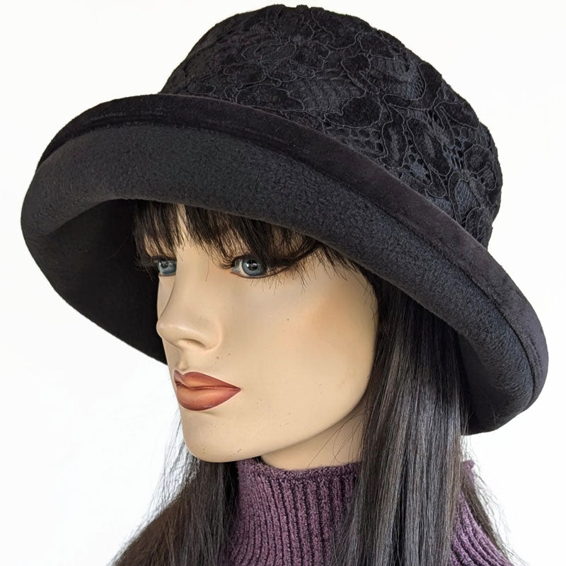 Premium Winter Fashion Hat with velvet trim, black with black velvet lace band trim