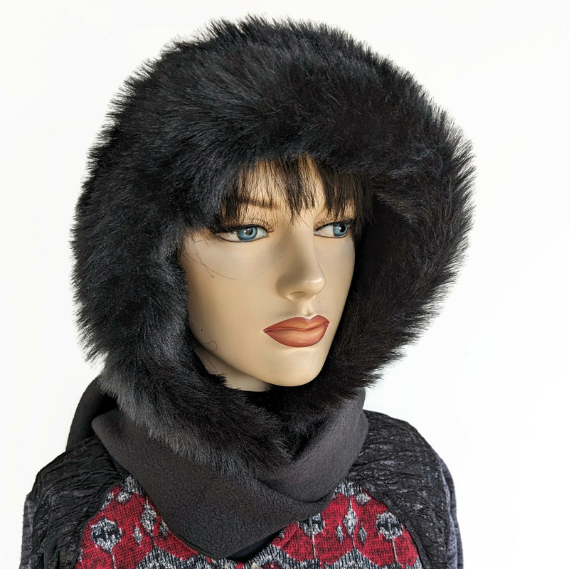 Fleece Hoodie Scarf, with premium plush faux fur trim, button closure and wrap around ends, solid black