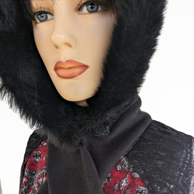 Fleece Hoodie Scarf, with premium plush faux fur trim, button closure and wrap around ends, solid black