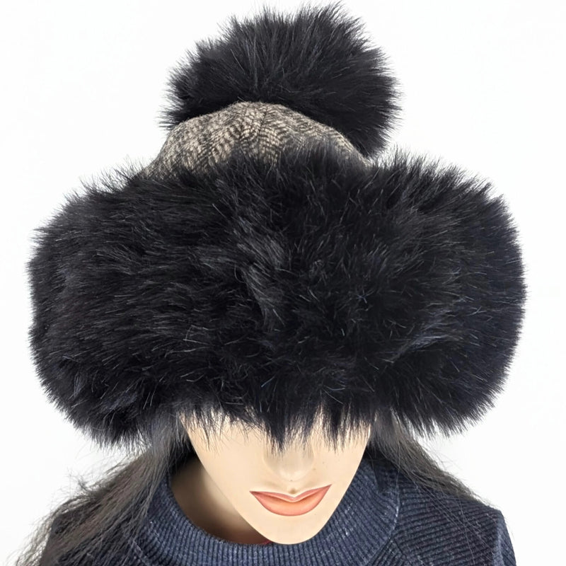 Faux Fur Fashion pom pom Cupcake Beanie Toque Hat, black with plaid wool, very plush
