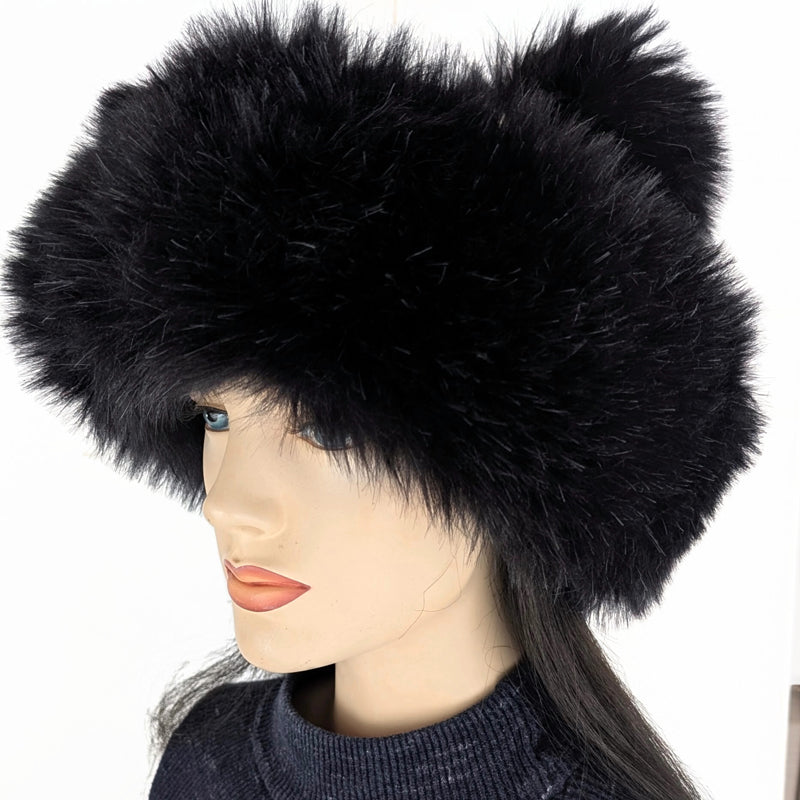 Faux Fur Fashion pom pom Cupcake Beanie Toque Hat, black with plaid wool, very plush