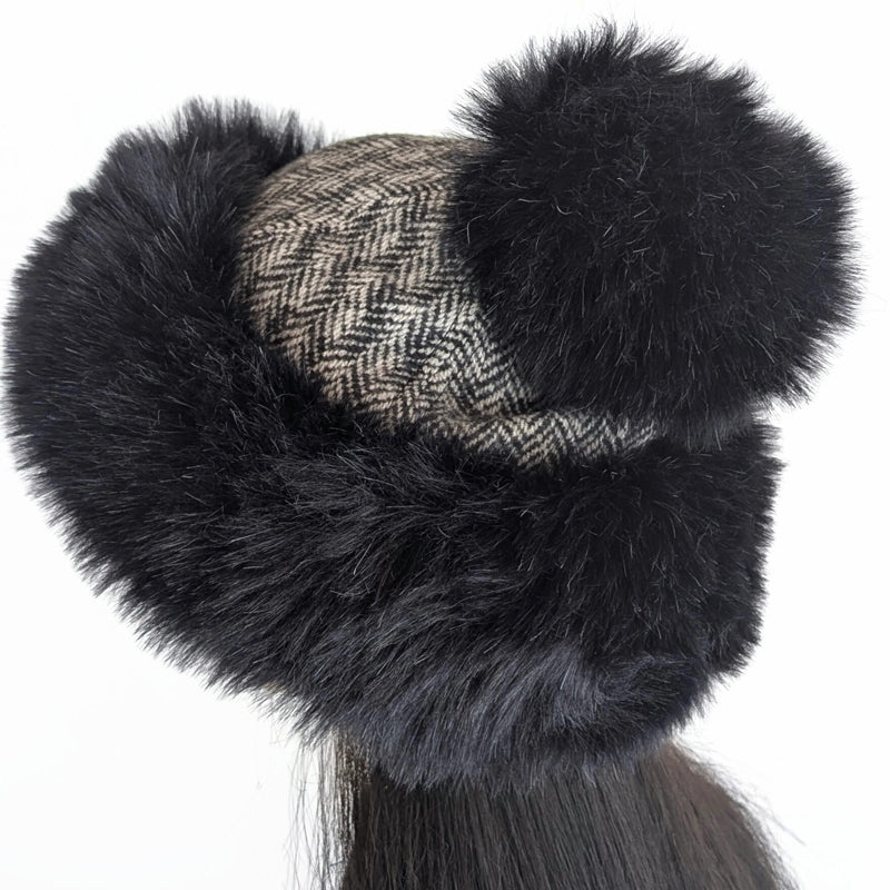 Faux Fur Fashion pom pom Cupcake Beanie Toque Hat, black with plaid wool, very plush