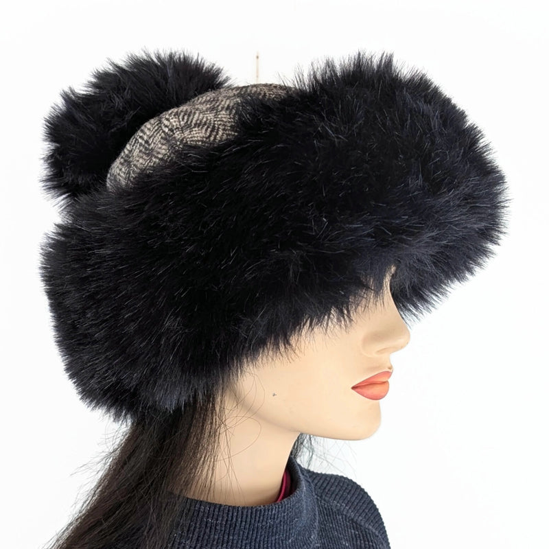 Faux Fur Fashion pom pom Cupcake Beanie Toque Hat, black with plaid wool, very plush