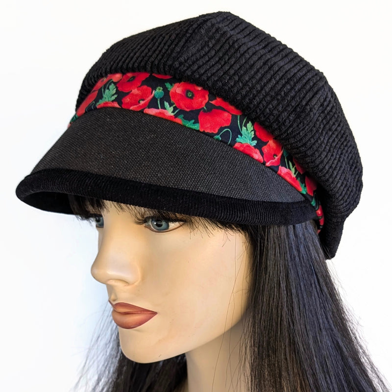 Baggy Poorboy Newsboy Fashion Cap in black cord, poppy print band with wide flattering visor, one size fit