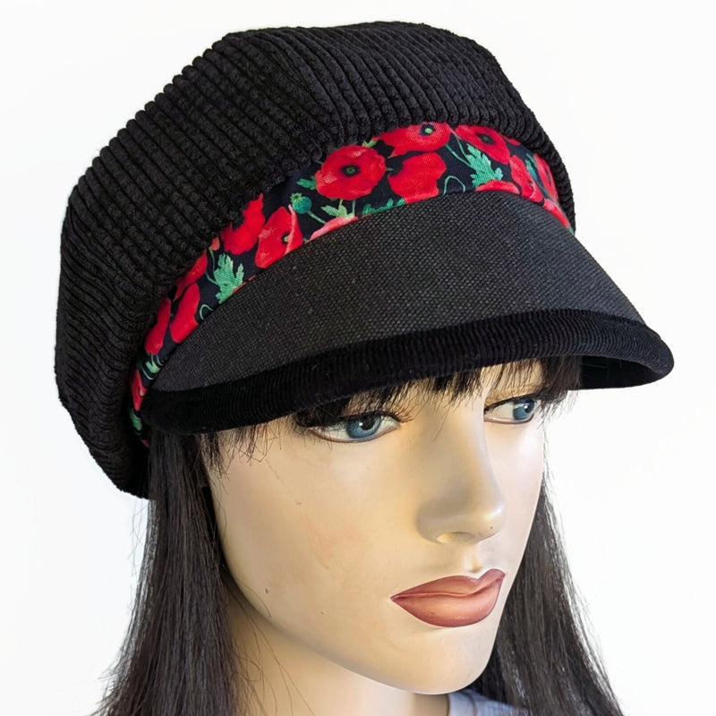 Baggy Poorboy Newsboy Fashion Cap in black cord, poppy print band with wide flattering visor, one size fit